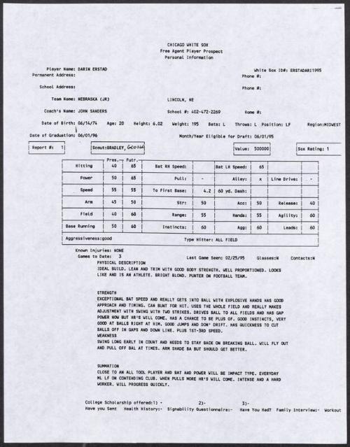 Darin Erstad scouting report, 1995 February 25