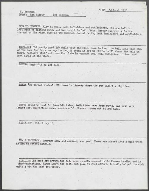 Ron Fairly scouting report, 1976 September 16-19