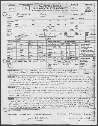 Alex Fernandez scouting report, 1988 March 26