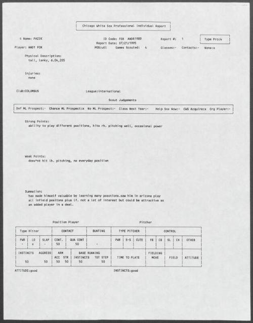 Andy Fox scouting report, 1995 July 21