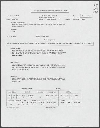 Andy Fox scouting report, 1995 July 25