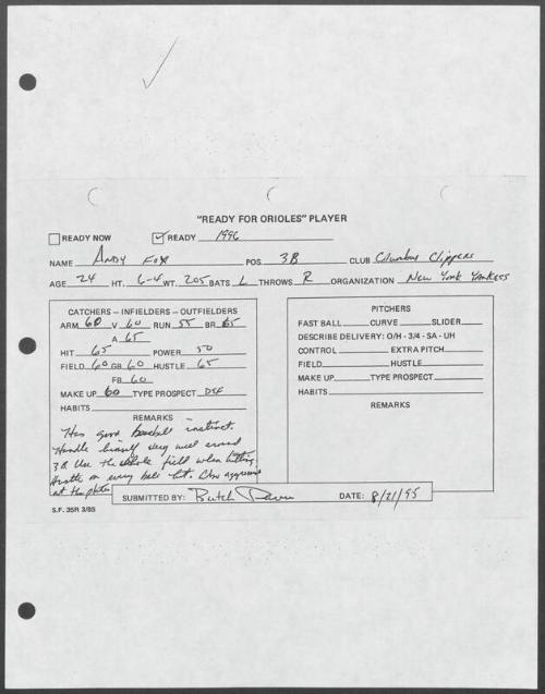 Andy Fox scouting report, 1995 August 21