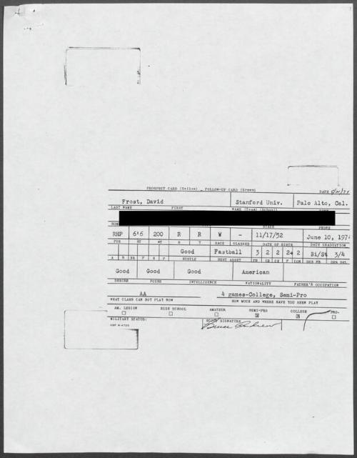 Dave Frost scouting report, 1974 May 21