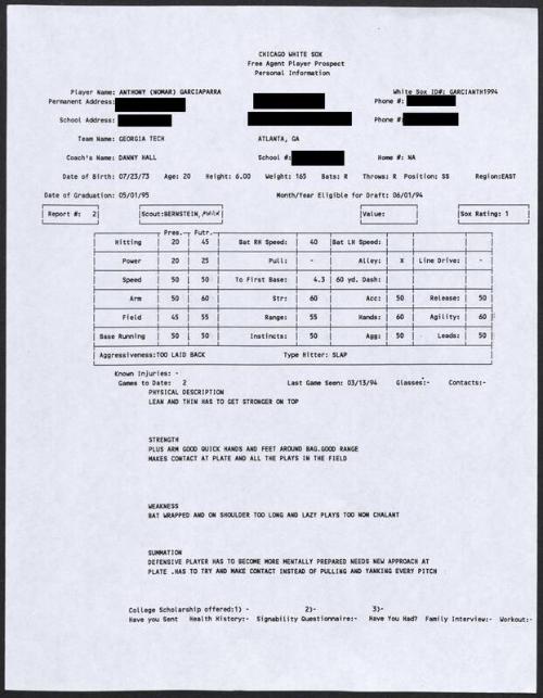 Nomar Garciaparra scouting report, 1994 March 13