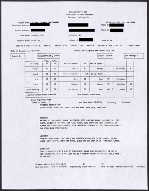 Nomar Garciaparra scouting report, 1995 February 25