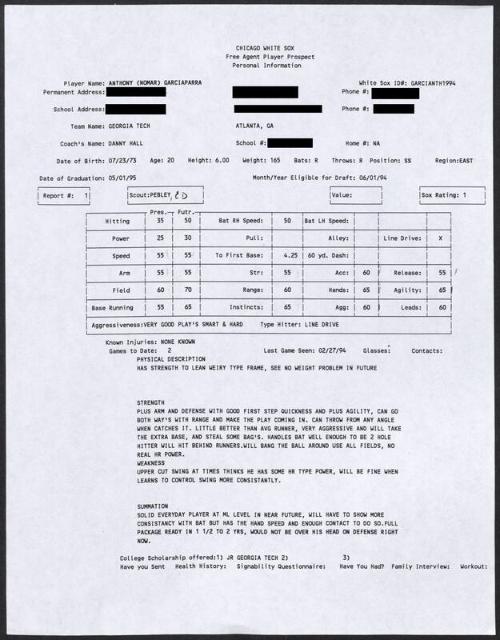 Nomar Garciaparra scouting report, 1994 February 27