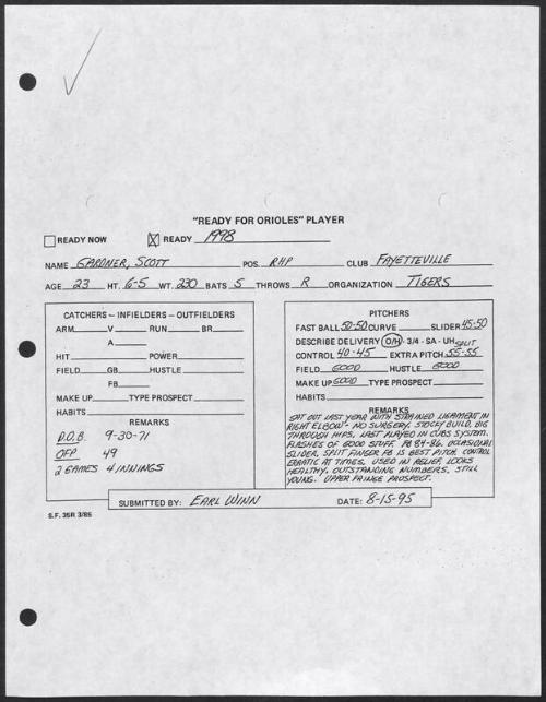 Scott Gardner scouting report, 1995 August 15