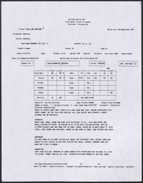 Jon Garland scouting report, 1997 March 07