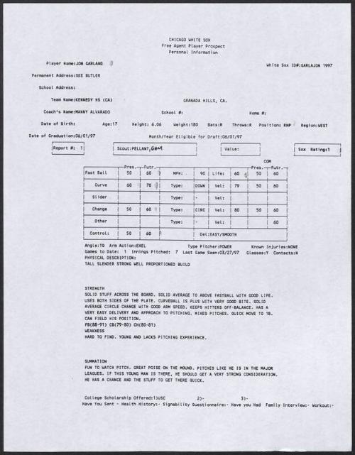 Jon Garland scouting report, 1997 March 27