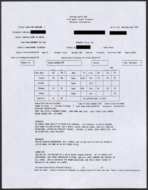 Jon Garland scouting report, 1997 March 27