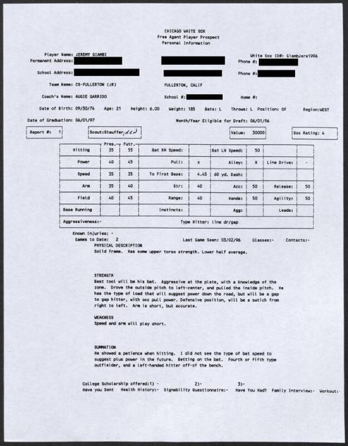 Jeremy Giambi scouting report, 1996 March 02