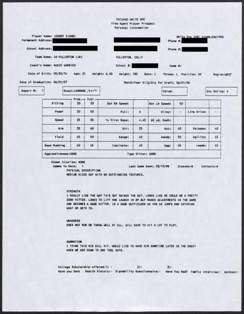 Jeremy Giambi scouting report, 1996 March 19