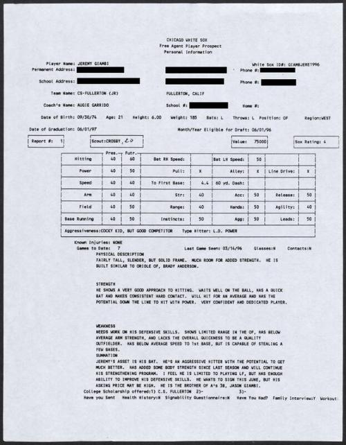 Jeremy Giambi scouting report, 1996 March 14