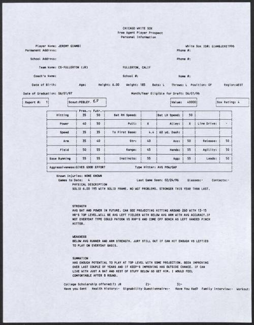 Jeremy Giambi scouting report, 1996 February 24