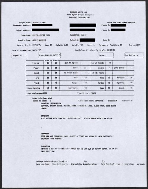 Jeremy Giambi scouting report, 1996 March 15