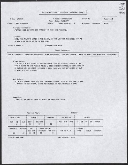 Steve Gibralter scouting report, 1995 July 02