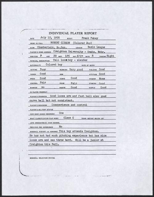 Bob Gibson scouting report, 1956 July 15