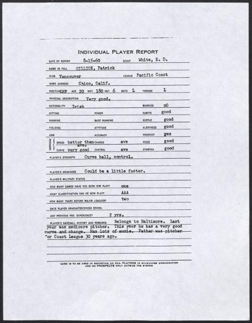 Pat Gillick scouting report, 1960 August 15