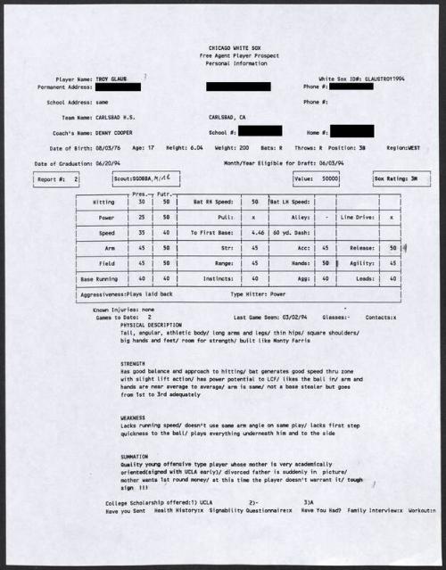 Troy Glaus scouting report, 1994 March 02