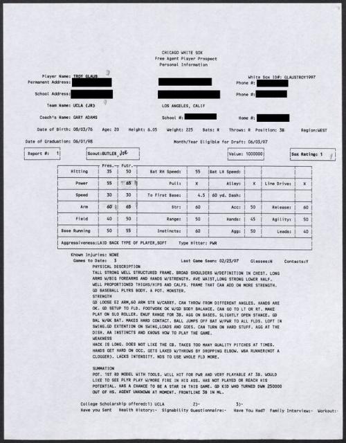 Troy Glaus scouting report, 1997 February 23