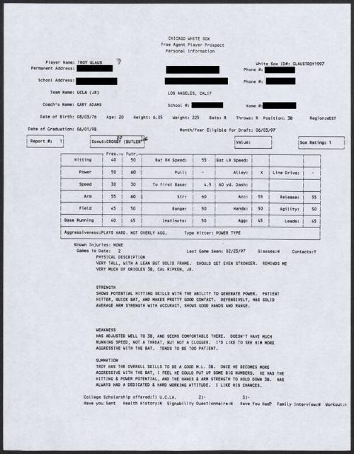 Troy Glaus scouting report, 1997 February 23