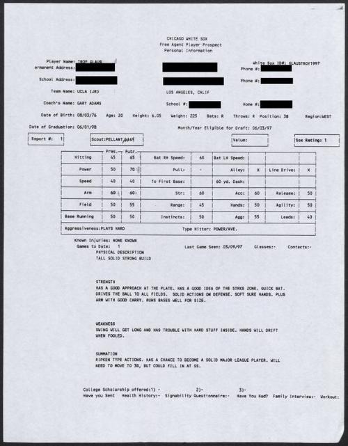 Troy Glaus scouting report, 1997 March 09