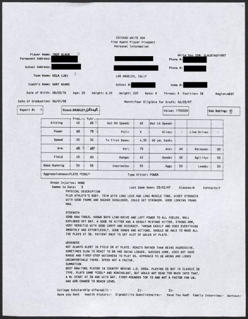 Troy Glaus scouting report, 1997 March 02