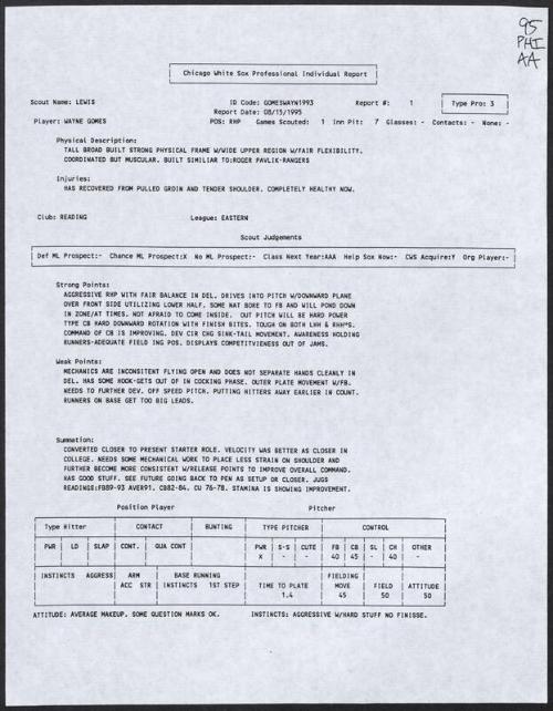 Wayne Gomes scouting report, 1995 August 15