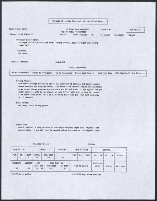 Alex Gonzalez scouting report, 1995 October 03