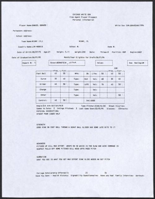 Danny Graves scouting report, 1994 February 05