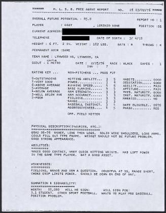 Lorenzo Gray scouting report, 1976 February 25