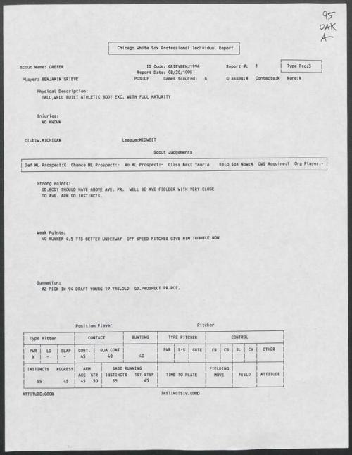 Ben Grieve scouting report, 1995 August 20