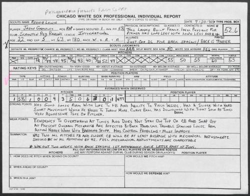 Jason Grimsley scouting report, 1990 July 20