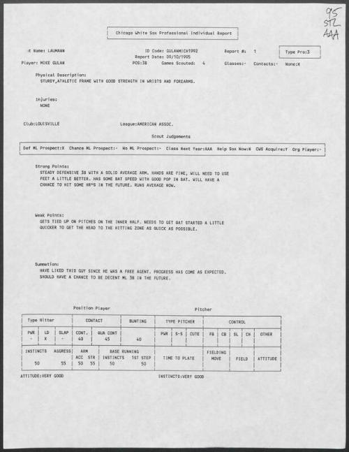 Mike Gulan scouting report, 1995 September 10