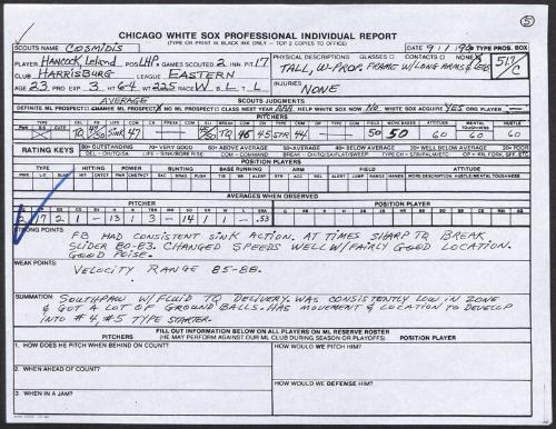 Lee Hancock scouting report, 1990 September 01