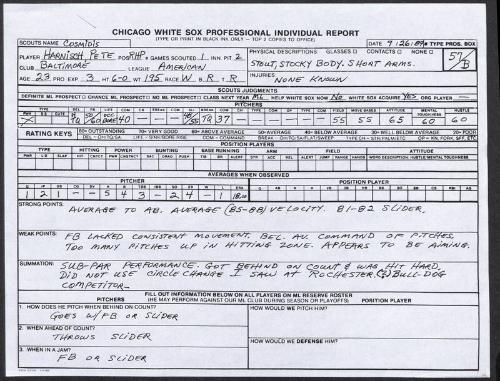 Pete Harnisch scouting report, 1989 September 26