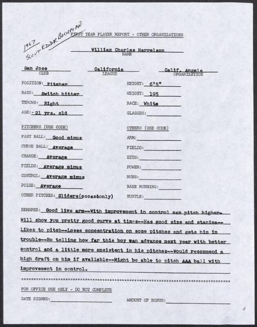 Bill Harrelson scouting report, 1967