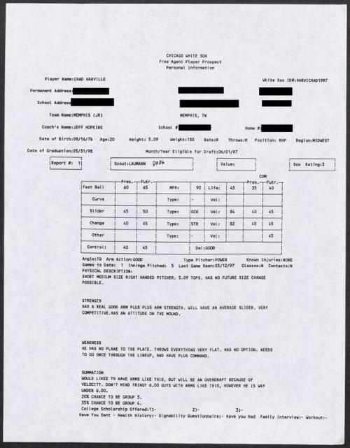 Chad Harville scouting report, 1997 March 12