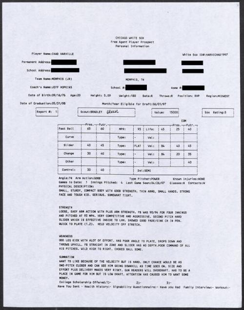 Chad Harville scouting report, 1997 April 26