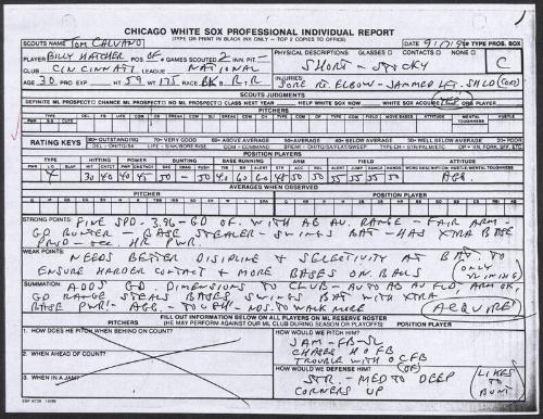 Billy Hatcher scouting report, 1990 September 17