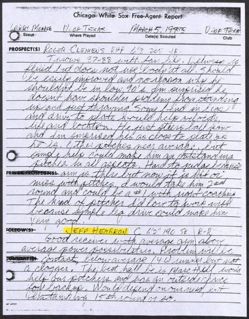 Jeff Hearron scouting report, 1983 March 05