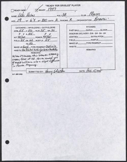 Wes Helms scouting report, 1995 August 15