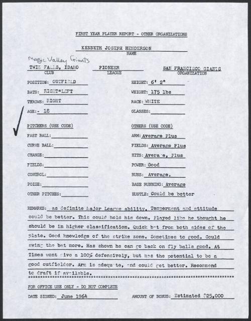 Ken Henderson scouting report, 1964 June