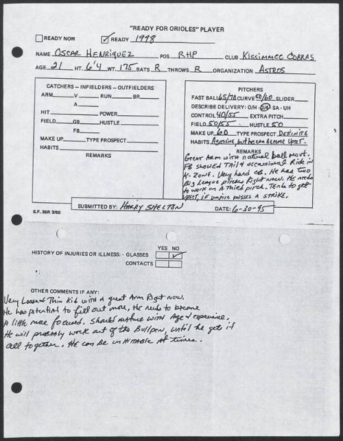 Oscar Henriquez scouting report, 1995 June 30