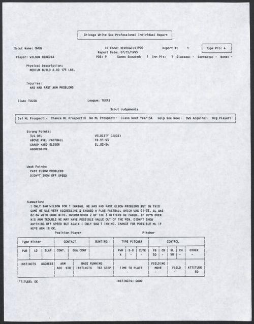 Wilson Heredia scouting report, 1995 July 15