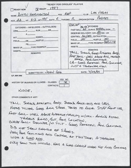 Dustin Hermanson scouting report, 1995 July 23