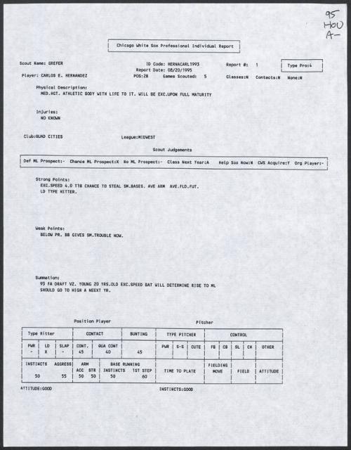 Carlos Hernandez scouting report, 1995 August 20