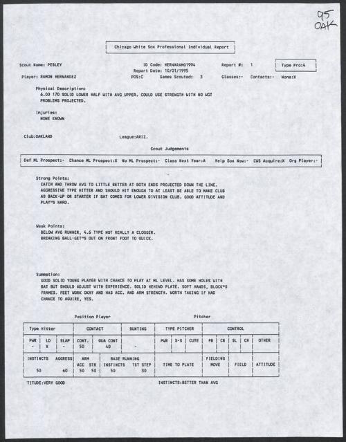 Ramon Hernandez scouting report, 1995 October 01