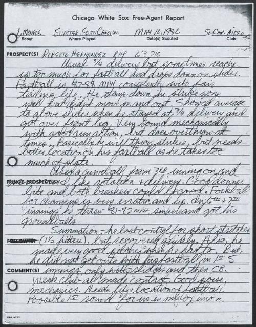 Roberto Hernandez scouting report, 1986 May 10