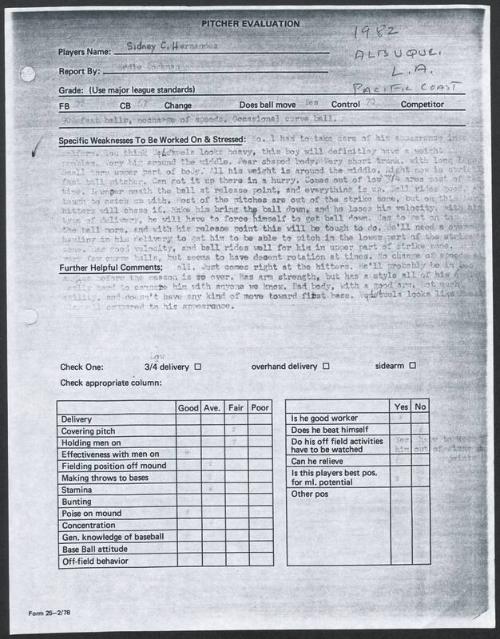 Sidney Fernandez scouting report, 1982